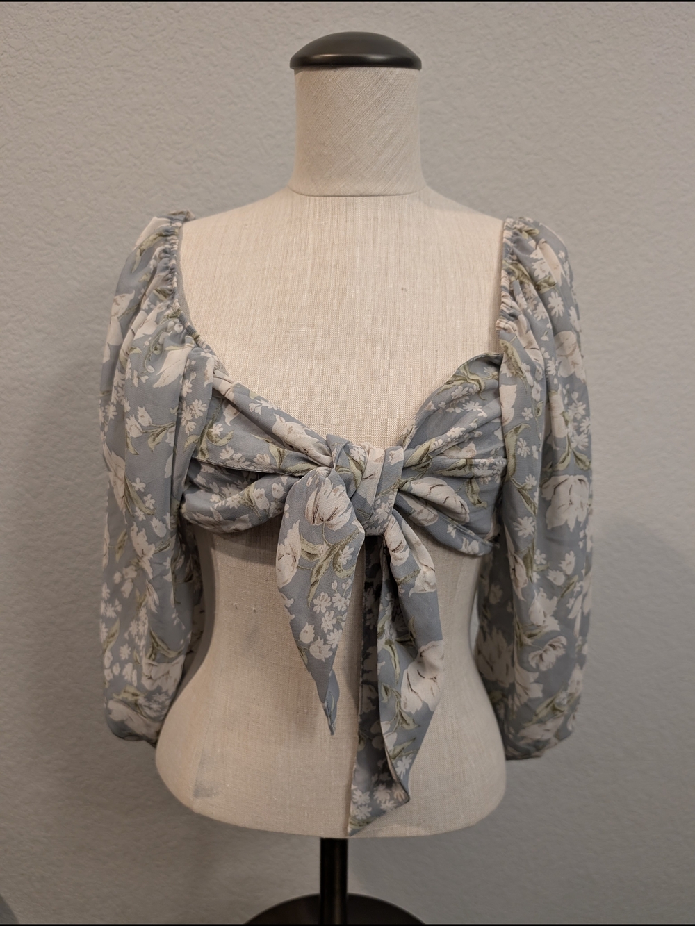 Blush Sz L Light Blue Floral Tie-Front Puff Sleeve Crop Top Y2K Summer Feminine